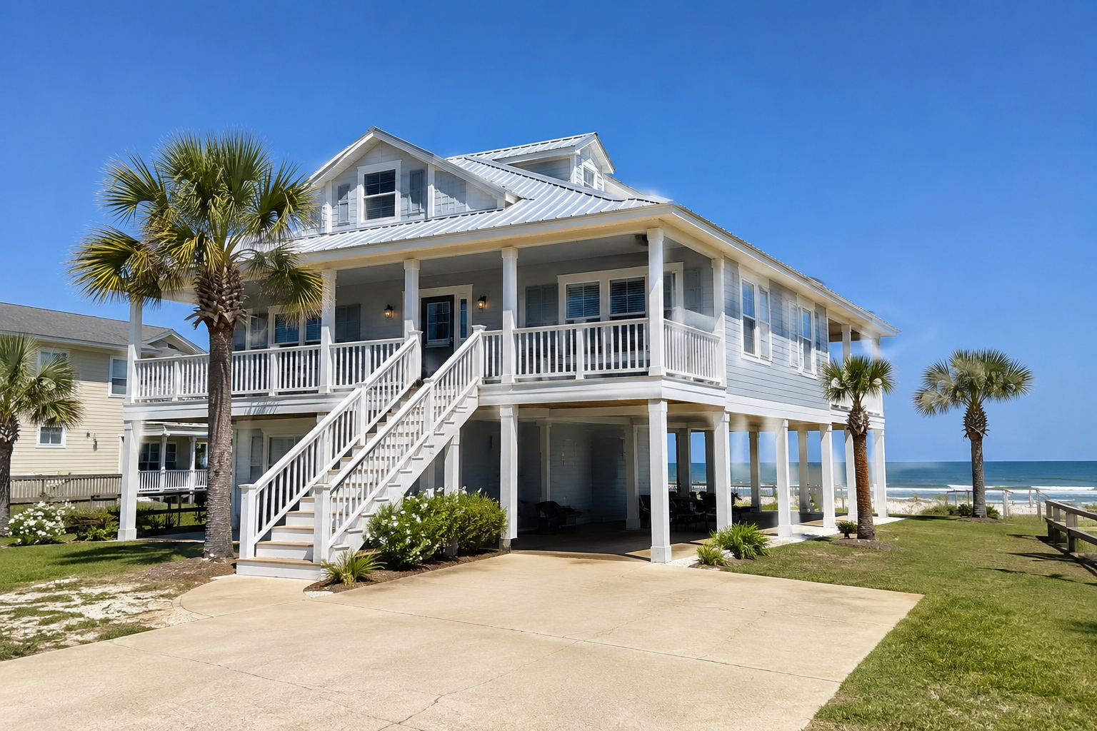 Palmetto Tide beach house exterior with palm trees