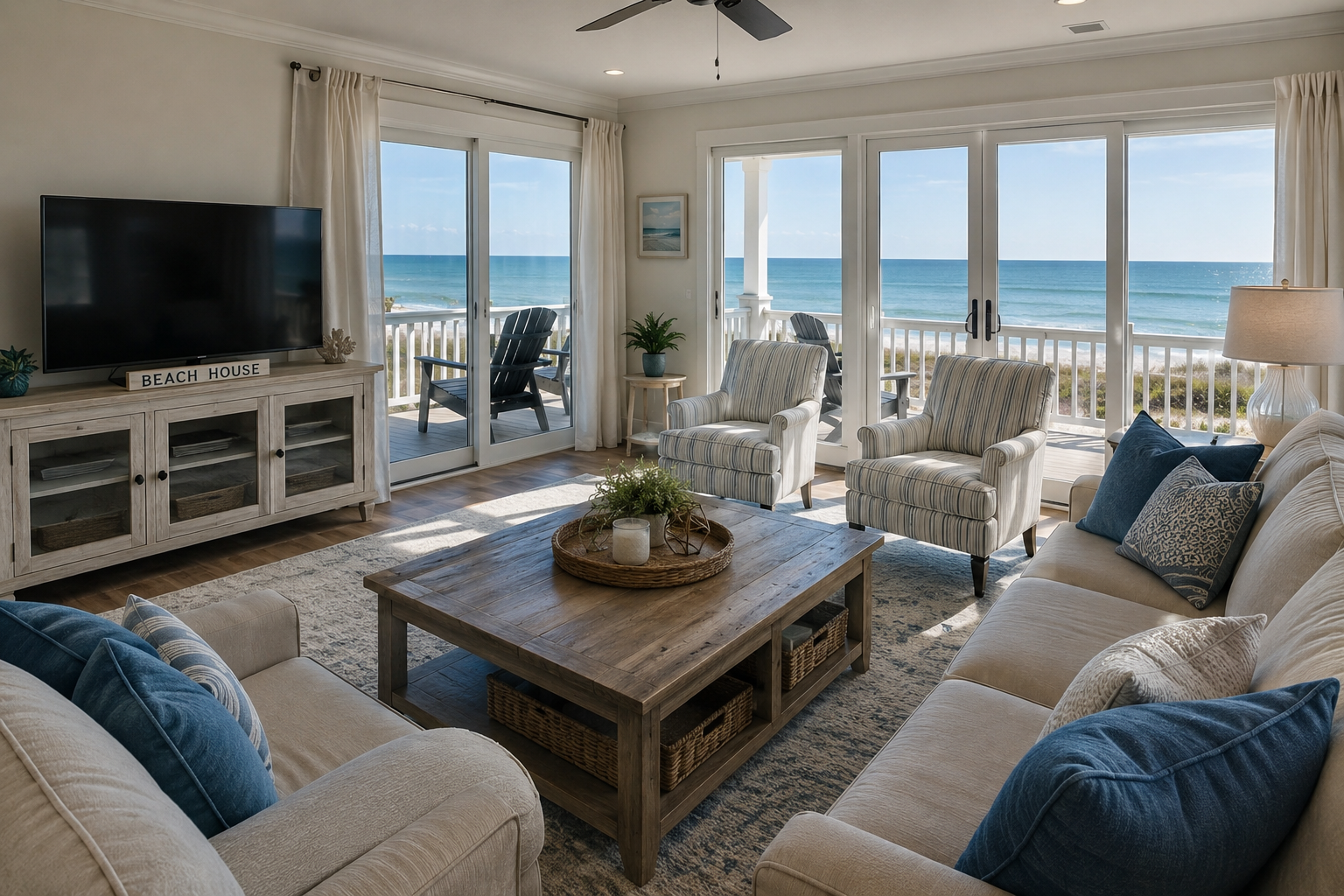 Living room with ocean view sliding doors