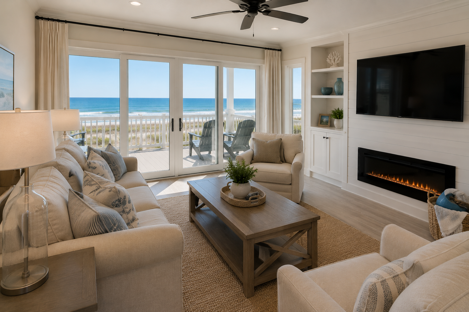 Second living area with fireplace and beach view