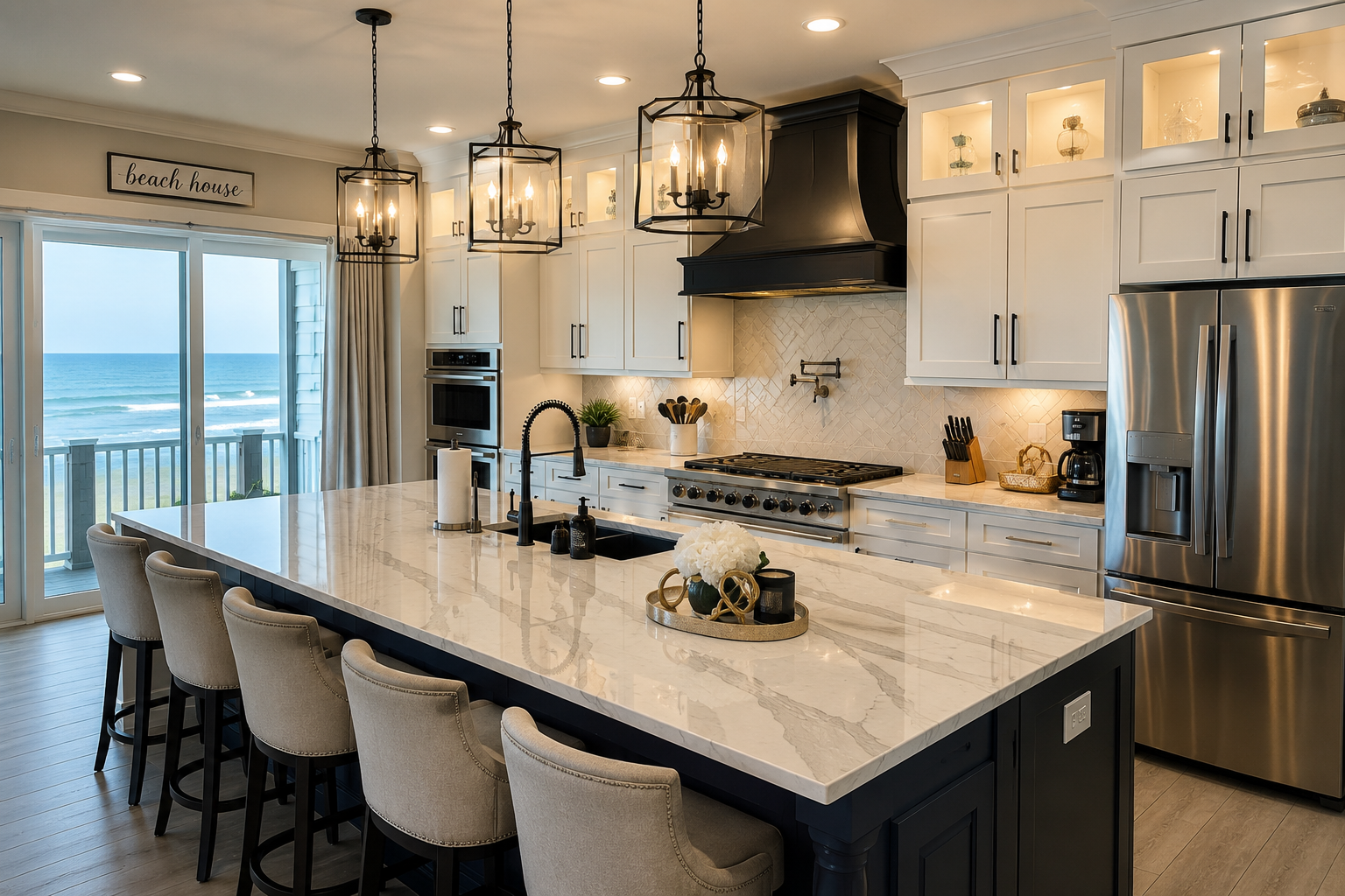 Gourmet kitchen with ocean view and marble island seating