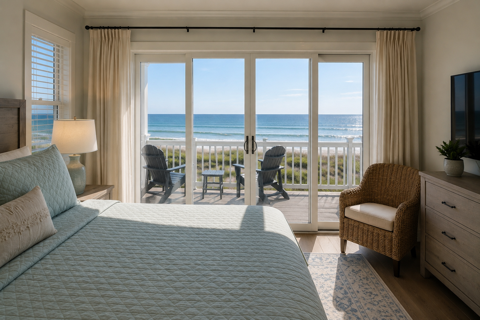 Bedroom with sliding doors opening to a private oceanfront balcony